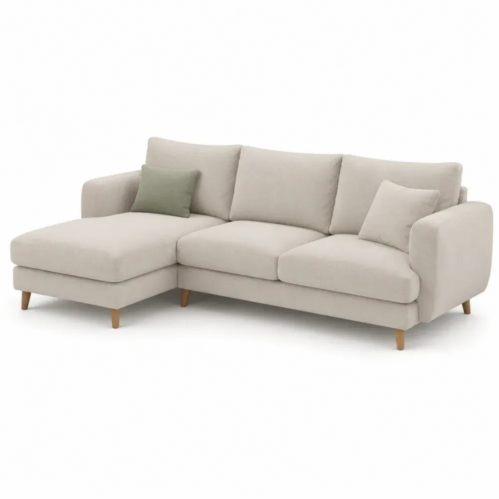Modulares Ecksofa L-Form mit Ottomane links und 2 Kissen 260 x 155 x 85 cm Polyestergewebe Kautschukbaum-Massivholz Beige Salbeigrün Naturholz