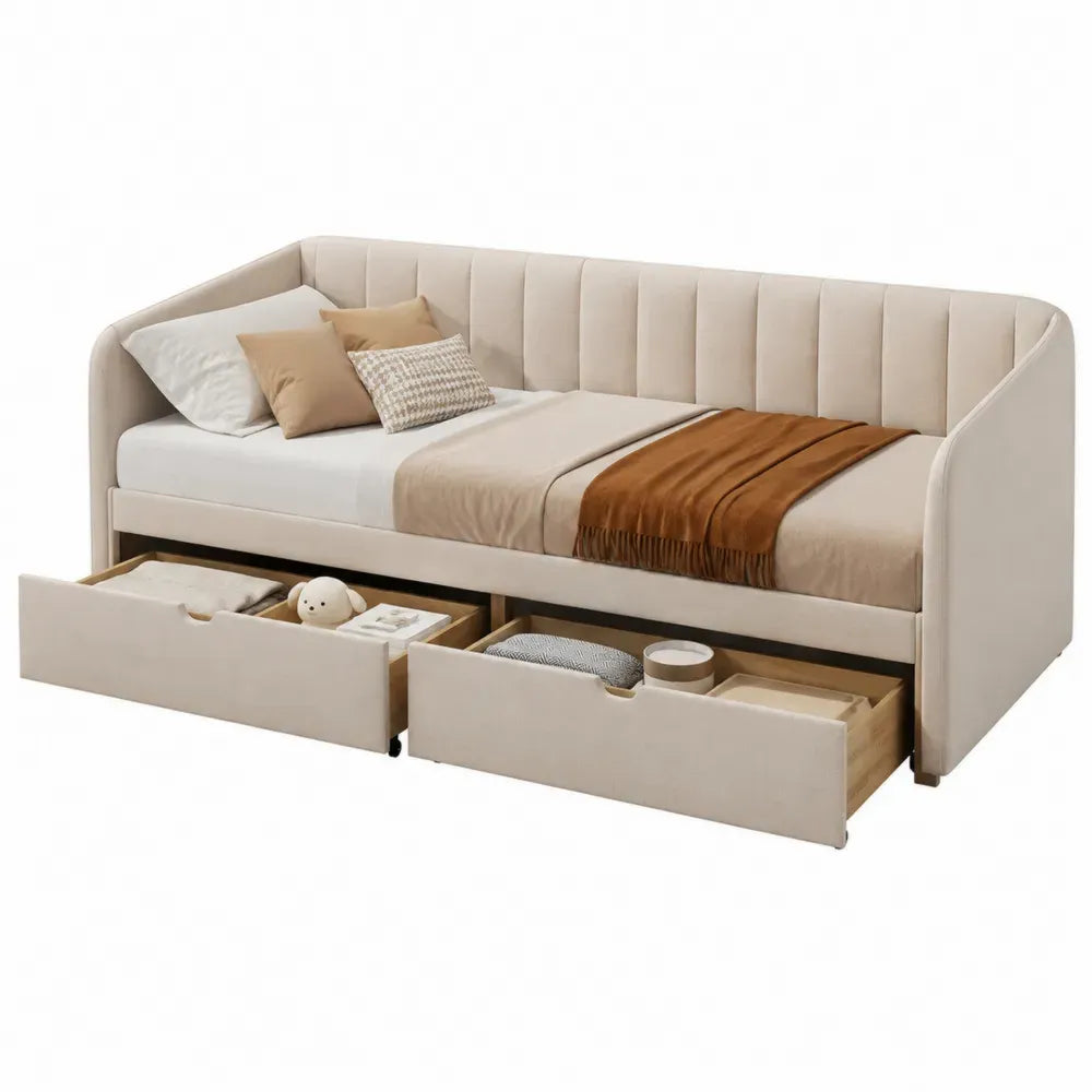 Tagesbett mit 2 Schubladen 211 x 101 x 85 cm rechteckig Liegefläche 90 x 200 cm Polyesterstoff Sperrholz MDF beige naturholz schwarz