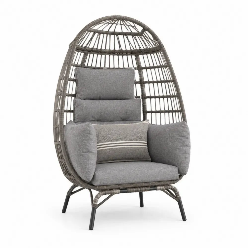 Garten Loungesessel Eiersessel mit Kissen 92 x 88 x 150 cm PE-Rattan Stahl Polyestergewebe oval Grau Schwarz Hellgrau