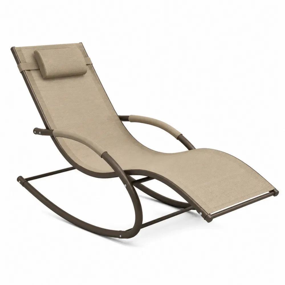 Gartenliege Schaukelliege mit Kopfkissen 165 x 62 x 88 cm Stahlrohr PVC-beschichtetes Polyestergewebe geschwungen Beige Dunkelbraun