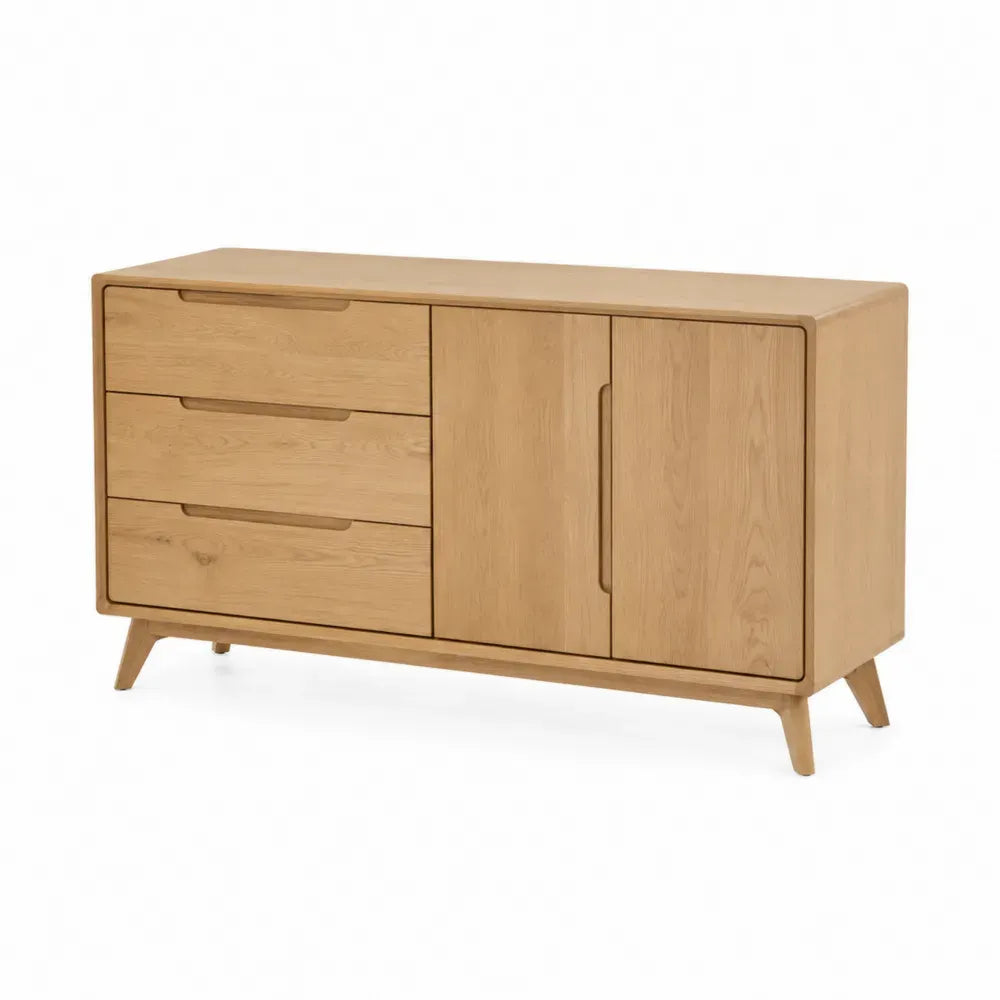 Sideboard Aufbewahrungsschrank rechteckig mit 3 Schubladen 2 Türen 140 x 40 x 80 cm Spanplatte MDF Eichenfurnier Naturfarben