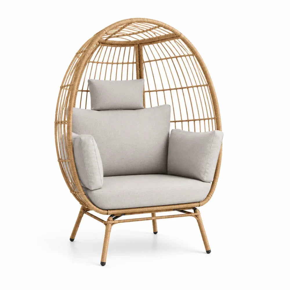 Gartensessel Eiersessel mit Kissen 100 x 90 x 150 cm Stahl PE-Rattan Polyester oval Naturbeige Hellgrau Schwarz