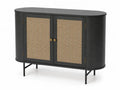 Aufbewahrungsschrank Sideboard mit 2 Türen Rattanfronten abgerundeten Seiten MDF Eschefurnier Schwarz Natur Beige Goldfarben 120 x 40 x 80 cm