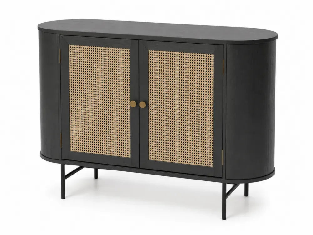 Aufbewahrungsschrank Sideboard mit 2 Türen Rattanfronten abgerundeten Seiten MDF Eschefurnier Schwarz Natur Beige Goldfarben 120 x 40 x 80 cm