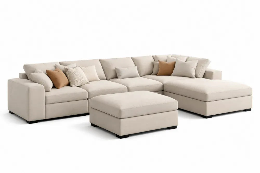 Modulares Ecksofa L-Form mit Recamiere rechts Hocker und Kissen 320 x 160 x 86 cm Polyestergewebe Sperrholz Beige Cremeweiß Camelbraun Schwarz