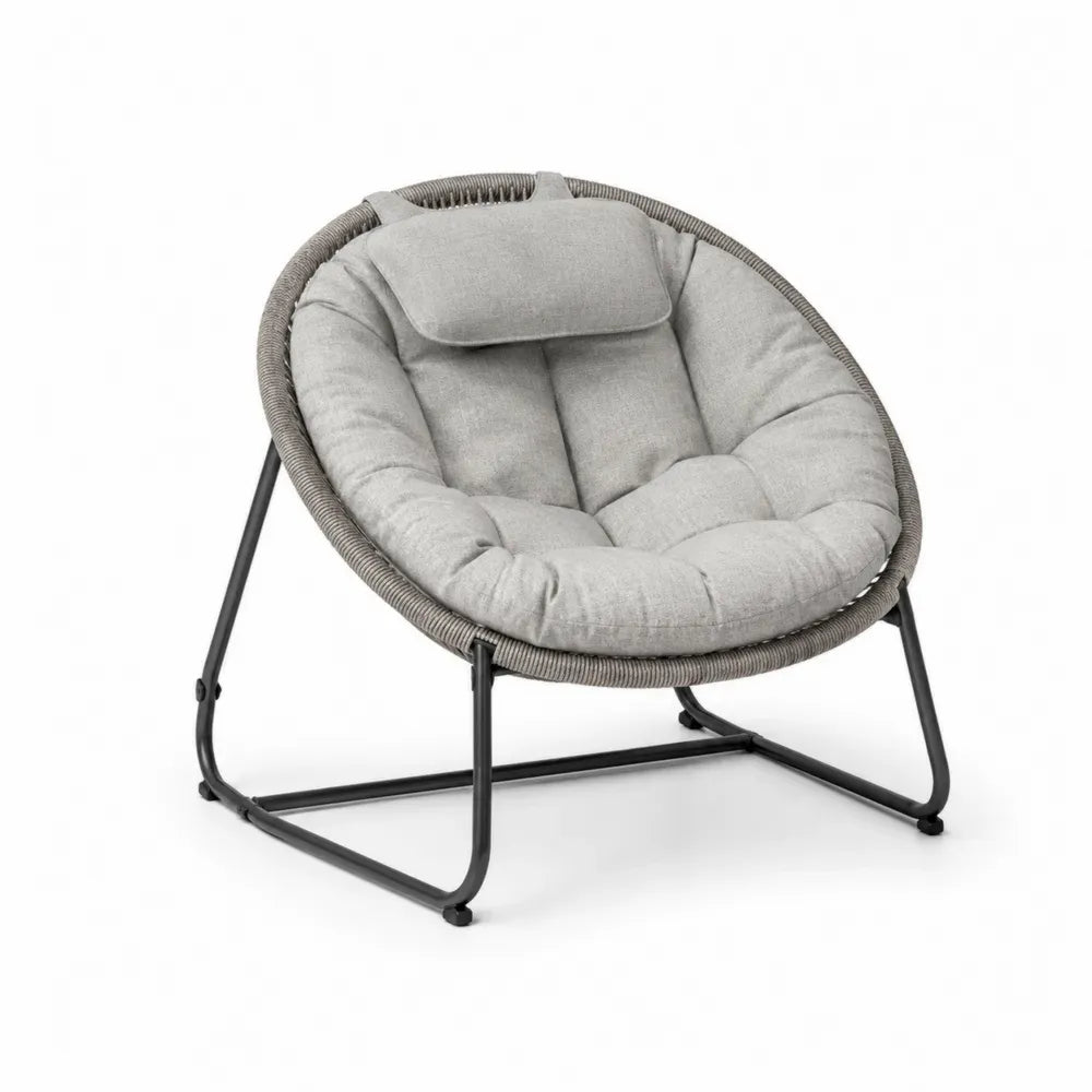 Papasan Gartensessel mit Sitzauflage und Kopfkissen 95 x 90 x 86 cm Stahl PE-Rattan runde Schalenform Hellgrau Grau Schwarz