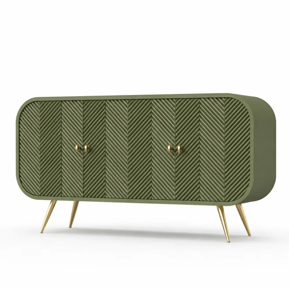 Sideboard Aufbewahrungsschrank mit 4 Türen Fischgrätfront 160 x 40 x 78 cm MDF Spanplatte Olivgrün Goldfarben