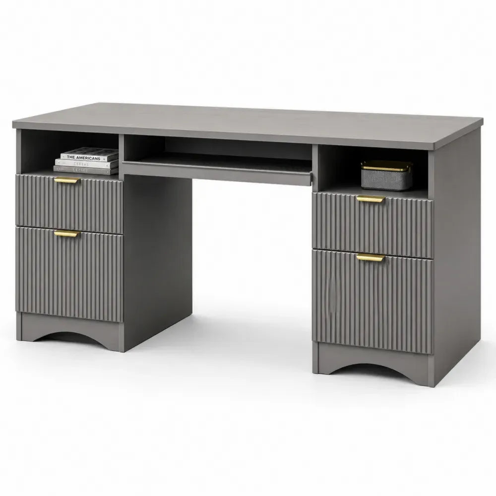 Schreibtisch mit 4 Schubladen und Tastaturauszug 140 x 60 x 76 cm rechteckig MDF Grau mit goldfarbenen Griffen