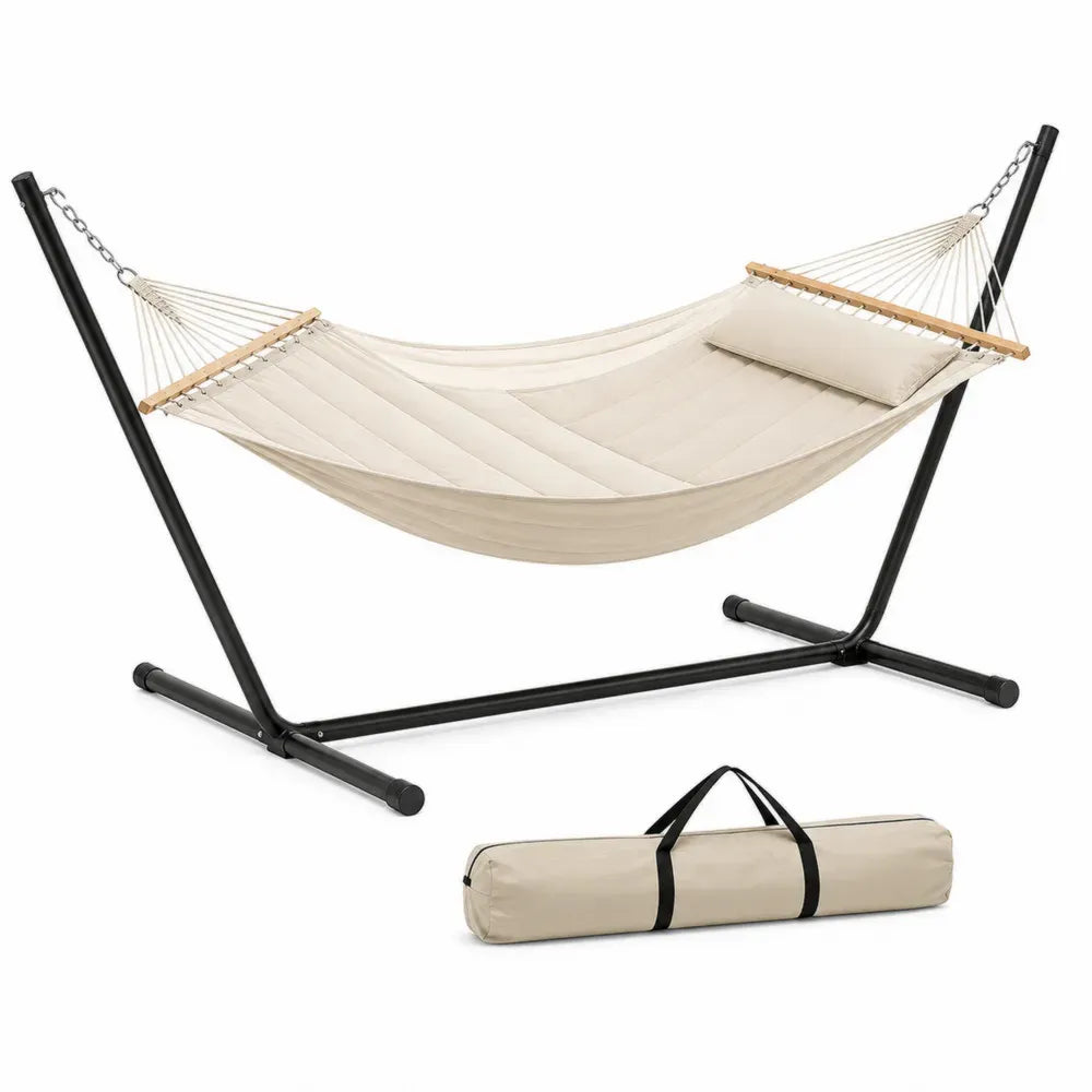 Hängematte mit Gestell Tragetasche und Holzspreizstäben 320 x 120 x 110 cm Liegefläche 200 x 140 cm Baumwoll-Polyester-Mischgewebe Stahlrohr Beige Schwarz