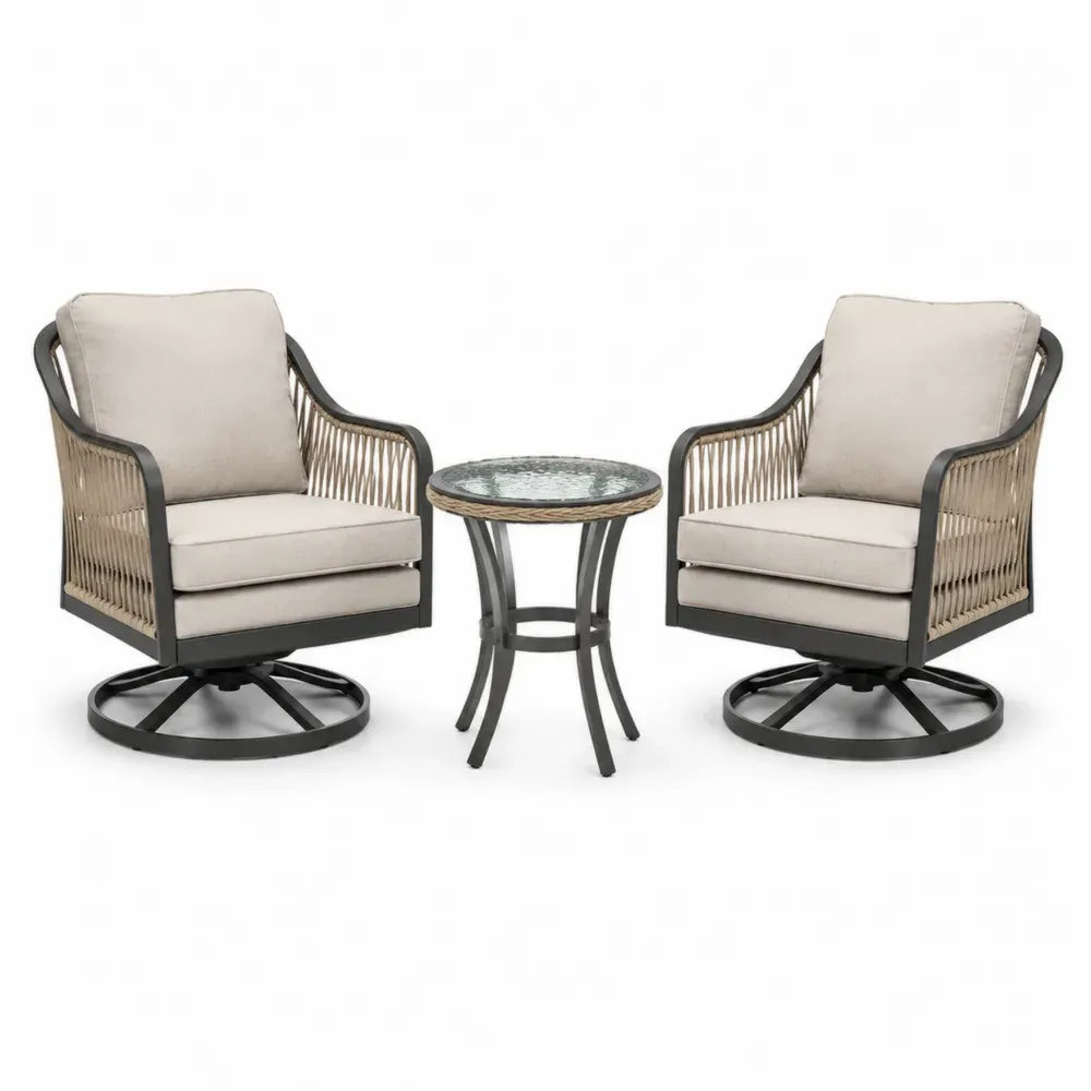 3 teiliges Gartenmöbel Set 2 Gartendrehsessel und Beistelltisch Sessel 72 x 75 x 84 cm Stahl PP Seil Polyester Glas Beige Naturbeige Schwarz Transparent