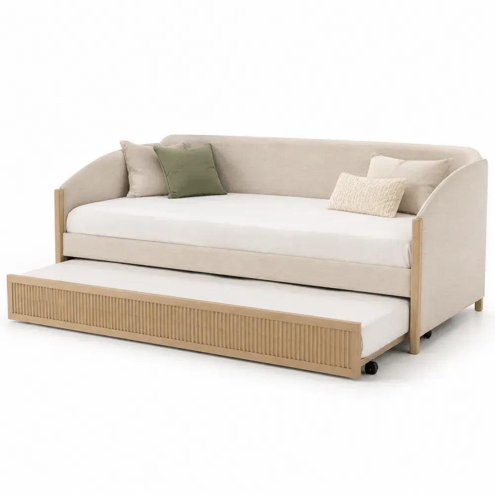 Tagesbett Polsterbett mit Ausziehbett 210 x 100 x 82 cm Liegefläche 90 x 200 cm Polyestergewebe Sperrholz MDF Kautschukholz beige naturfarben schwarz